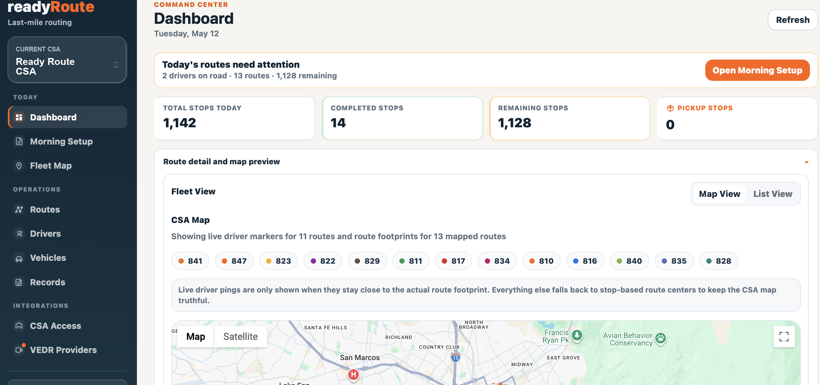 ReadyRoute manager fleet map showing active routes and mapped stop points.