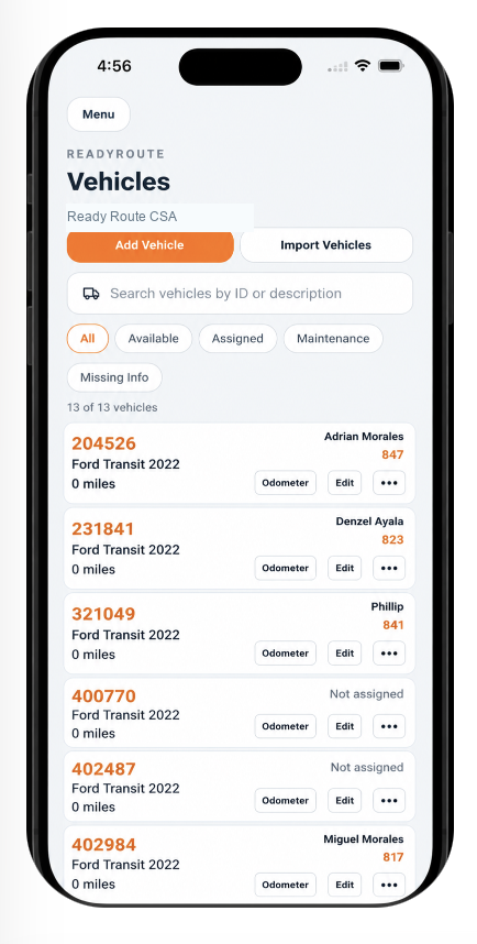 ReadyRoute mobile Vehicles page showing vehicle cards and route assignments.